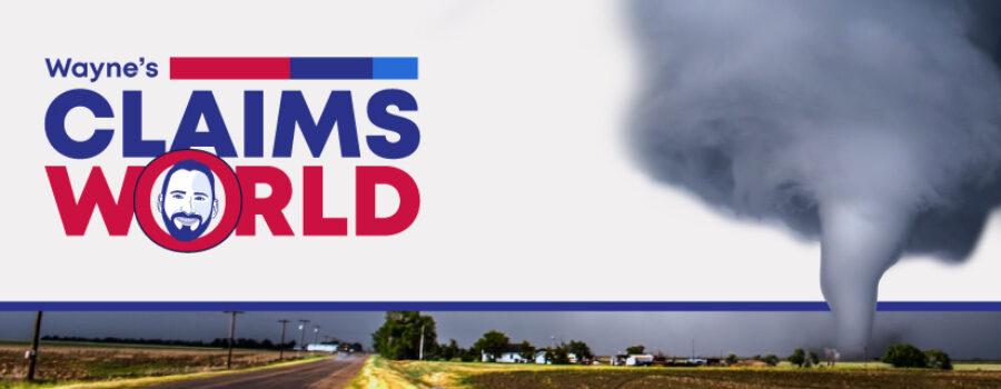 Wayne’s Claims World logo, photo of a tornado.