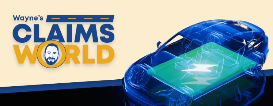 Wayne’s Claims World logo, image of an electric car