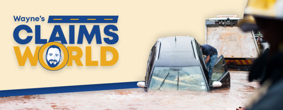 Wayne’s Claims World logo, photo of a car submerged in storm water with a tow truck about to pull it out.