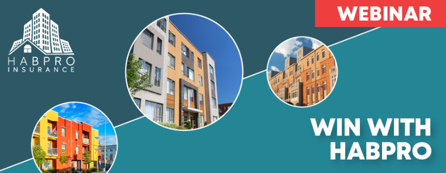 Image collage of 3 apartment/condo buildings with HabPro logo and text saying: Webinar, Win with HabPro