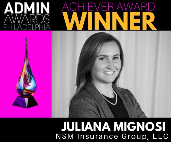 Headshot of Juliana Mignosi with the text Achiever Award Winner and an image of the award statue in a pink color block