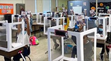 inside school with covered desks