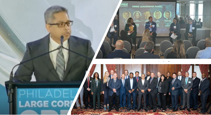 Collage of photos with Nik Omrani at the podium speaking