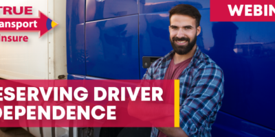 Image of truck driver standing outside his tractor trailer with TTI logo and text: Webinar, Preserving Driver Independence